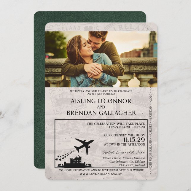 Inbjudan till grönt Ireland Passport Wedding (Fram/baksida)