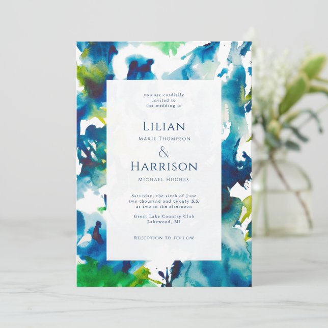 Inbjudan till grönt Kärlek Abstrakt Watercolor Wed (Stående Fram)