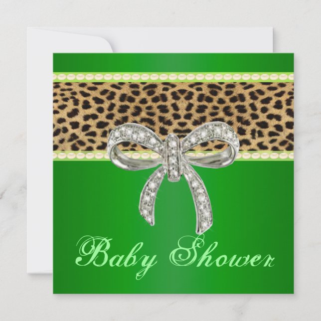 Inbjudan till grönt Leopard Diamond Bow Baby Showe (Framsida)