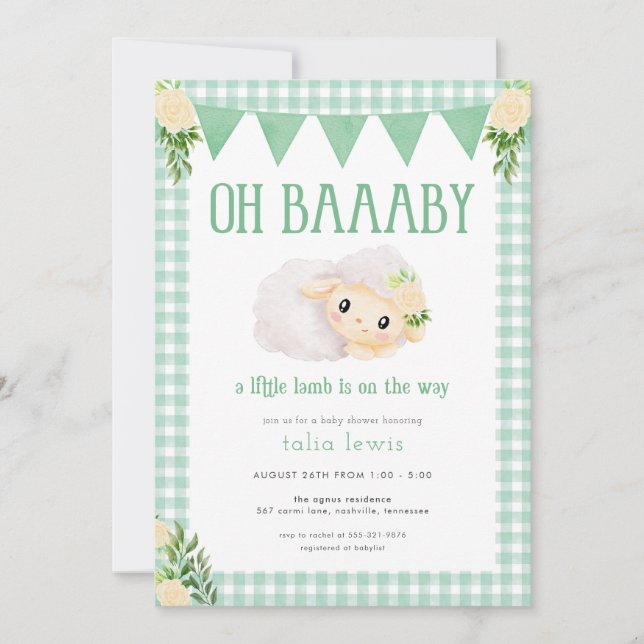 Inbjudan till grönt Little Lamb Baby Shower (Framsida)