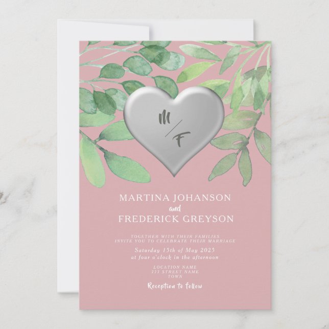 Inbjudan till  Grönt, Monogram Heart Wedding (Framsida)