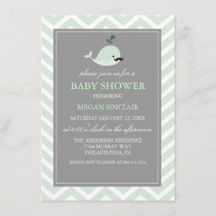 Inbjudan till grönt Mustache Whale Boy Baby Shower