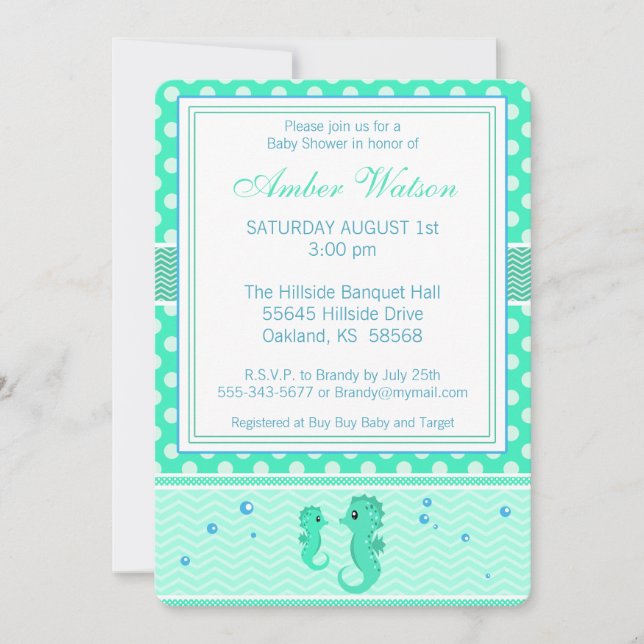 Inbjudan till grönt och Blue Seahorse Baby Shower (Framsida)