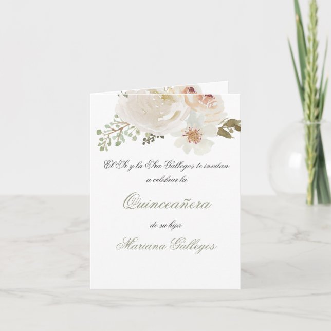 Inbjudan till grönt och vit blomma Quinceanera (Framsida)