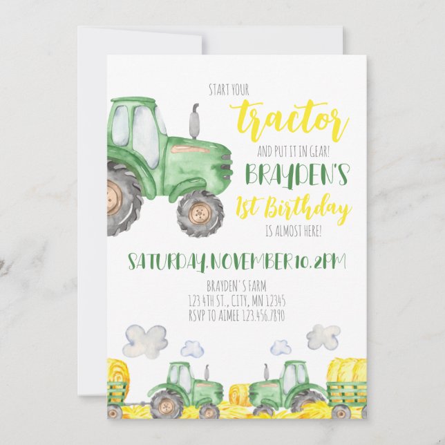 Inbjudan till grönt Tractor Birthday (Framsida)