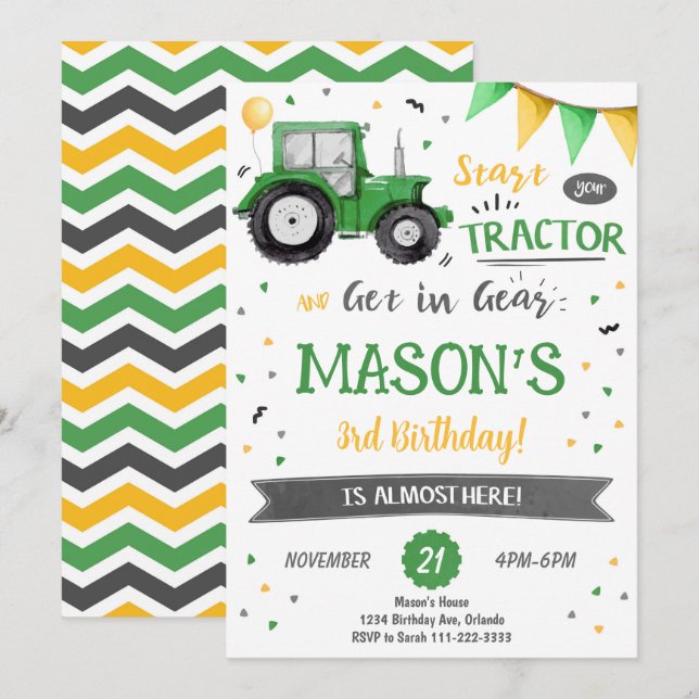 Inbjudan till grönt Tractor Birthday (Fram/baksida)