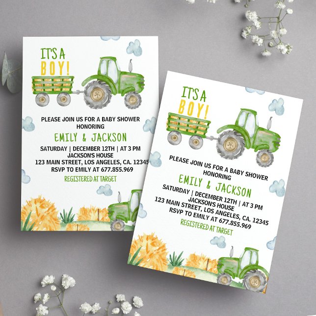 Inbjudan till grönt Tractor Party Baby Shower (Skapare uppladdad)