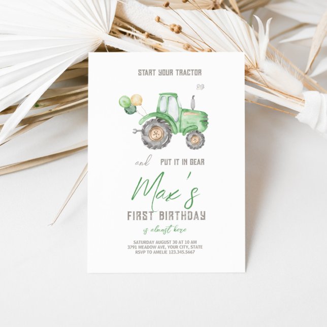 Inbjudan till grönt Traktor tema på födelsedagen (Green Farm Tractor Birthday Invitation. )