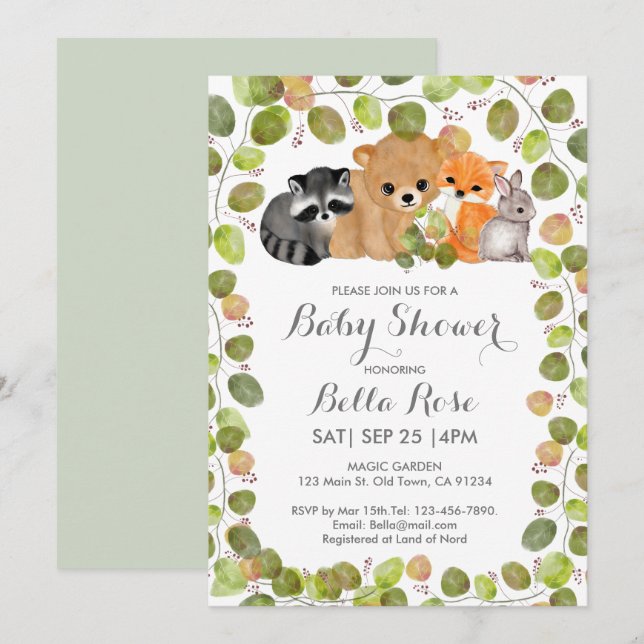 Inbjudan till grönt Woodland Animal Baby Shower (Fram/baksida)
