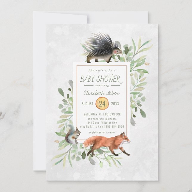 Inbjudan till grönt Woodland Forest Baby Shower (Framsida)