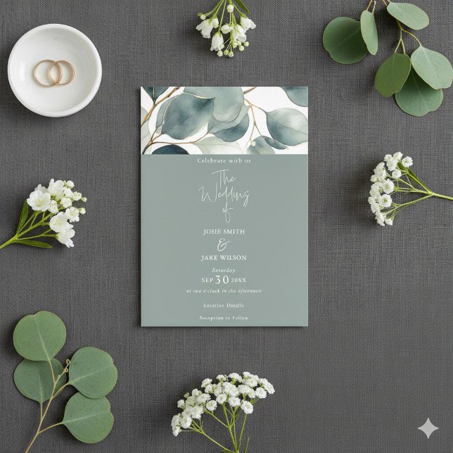 Inbjudan till grönten Eucalyptus Wedding (Watercolor green Eucalyptus Wedding Invitation. Botanical leafy top border.)