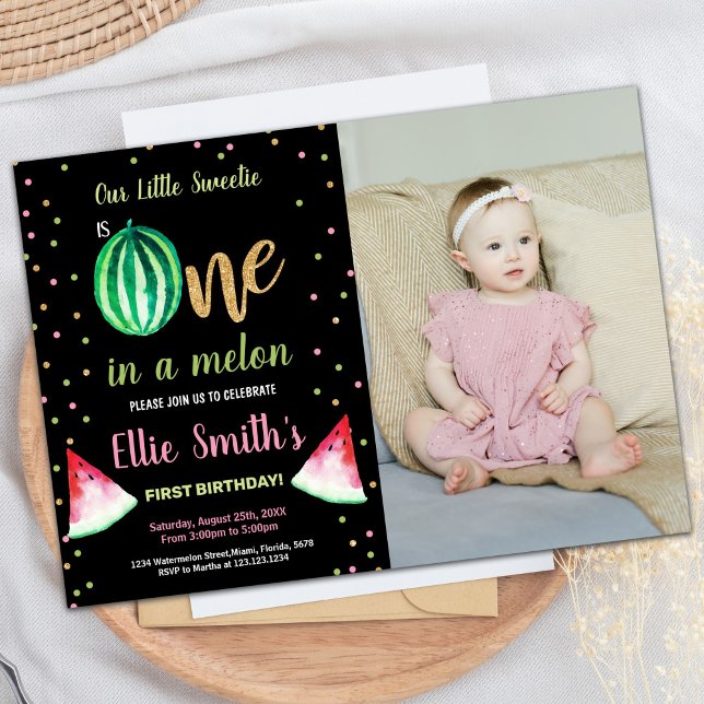 Inbjudan till Grönten Watermelon Birthday i fotose (Photo 2 Slice Green Watermelon Birthday Invitation)