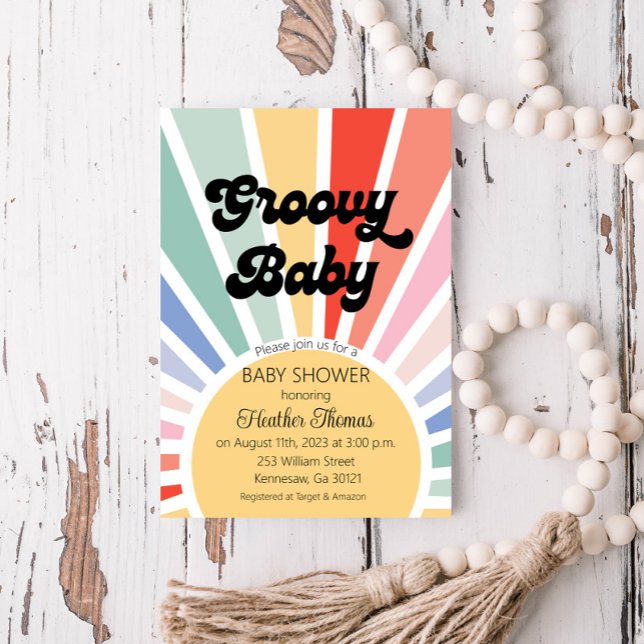 Inbjudan till Groovy Baby Sunshine Baby Shower (Groovy Baby Retro Sun Invitation)