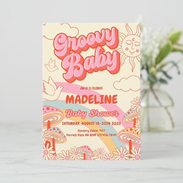 Inbjudan till Groovy Retro Baby Shower (Stående Fram)