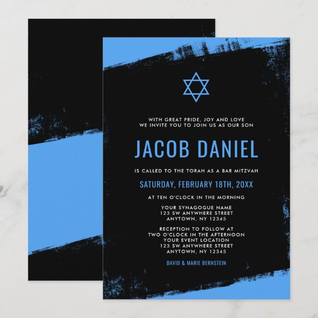 Inbjudan till Grunge Blue Black Pub Mitzvah (Fram/baksida)