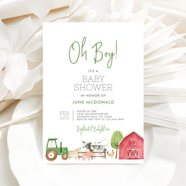 Inbjudan till gruppbabyvisningsprogram (Oh Boy Farm Baby Shower Invitation)