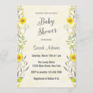 Inbjudan till gula blommor Watercolor Baby Shower