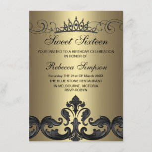 Inbjudan till guld & Black Damask & Tiara Birthday