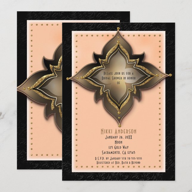 Inbjudan till Guld Black & Peach Exotic Flower Par (Fram/baksida)