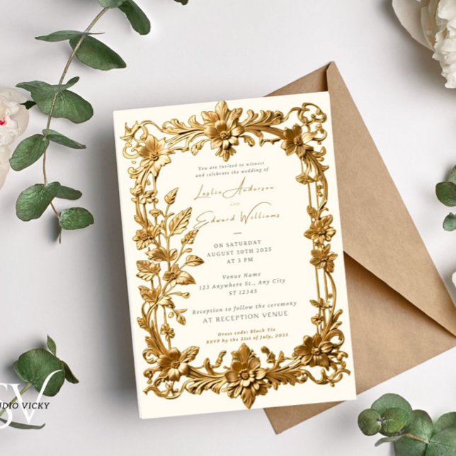 Inbjudan till Guld Blommigt Vintage bröllop (Vintage Wedding Invitation in Gold)