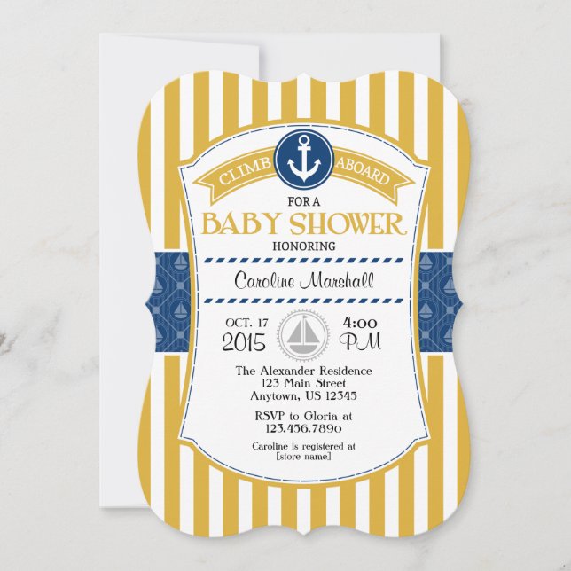 Inbjudan till Guld Blue Nautical Baby Shower (Framsida)