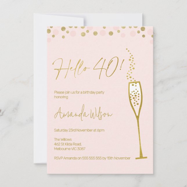 Inbjudan till guld Calligraphy Glass 40:e födelsed (Framsida)