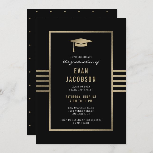 Inbjudan till Guld Cap EDITABLE FÄRG Studenten (Fram/baksida)