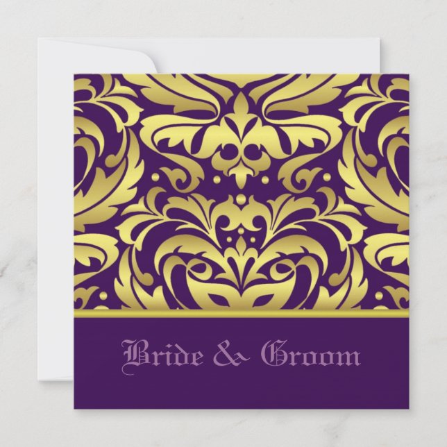 Inbjudan till Guld Damask & Lila Elegant bröllop (Framsida)