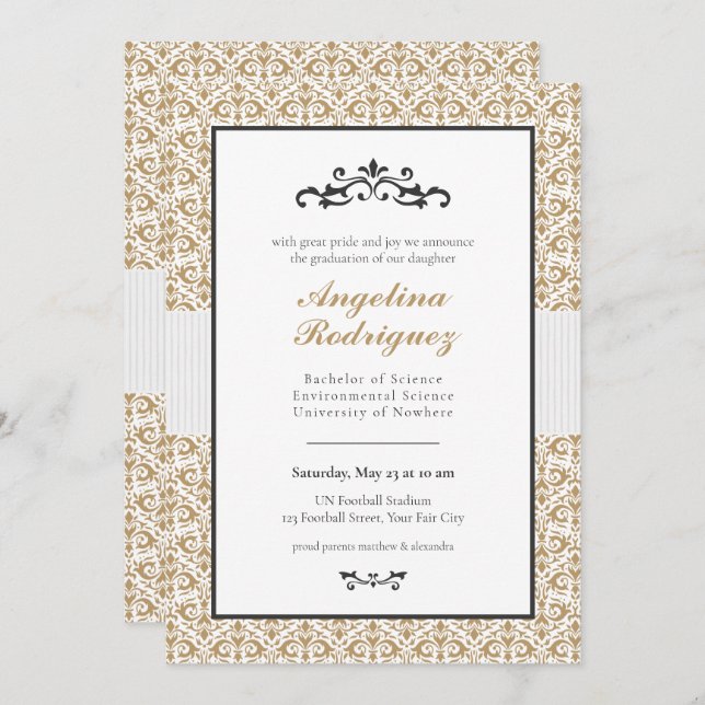 Inbjudan till Guld Damask Pattern Photo Studenten (Fram/baksida)