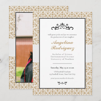 Inbjudan till Guld Damask Pattern Photo Studenten