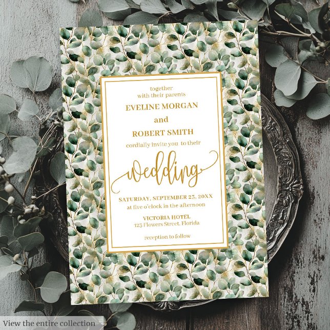 Inbjudan till guld-eukalyptus-bröllop med minimali (Minimalist sage gold eucalyptus wedding invitation

)