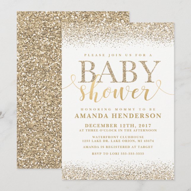 Inbjudan till guld Faux Glitter Baby Shower (Fram/baksida)
