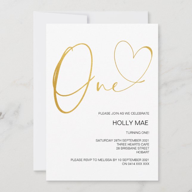Inbjudan till guld första födelsedag 1:a födelseda (Framsida)