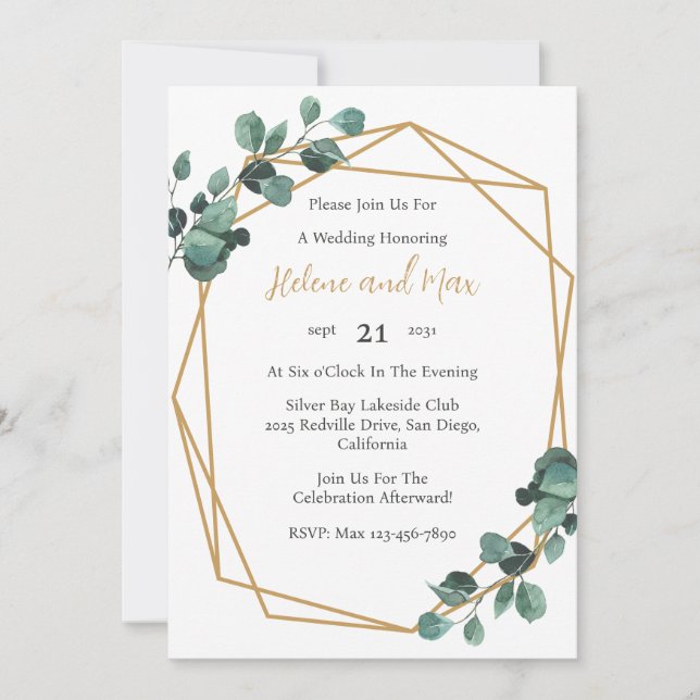 Inbjudan till Guld Geometric Greenery Wedding (Framsida)