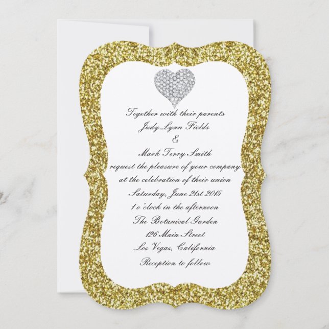Inbjudan till guld Glitter Diamond Heart Wedding (Framsida)