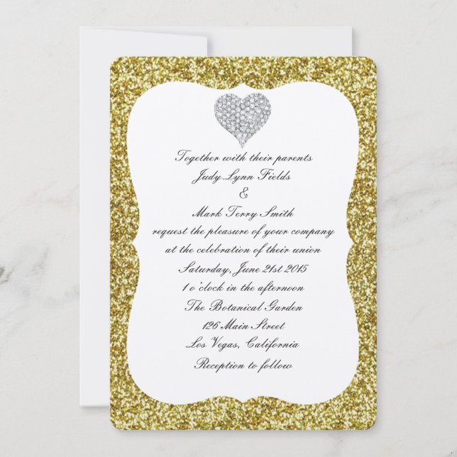Inbjudan till guld Glitter Diamond Heart Wedding (Framsida)