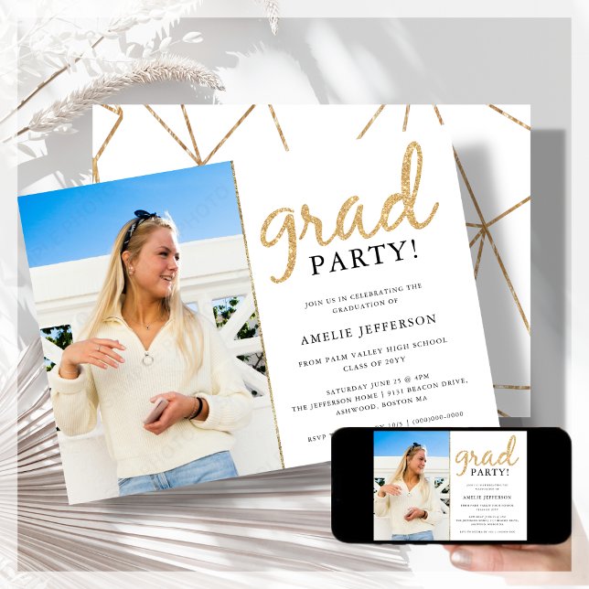 Inbjudan till Guld Glitter Geometric Photo Student (Skapare uppladdad)