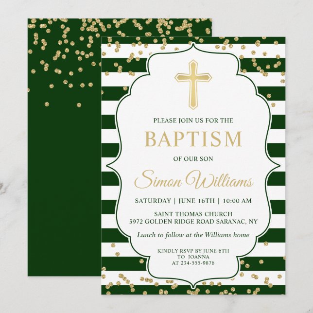 Inbjudan till guld Glitter Grönt Rand Boy Baptism (Fram/baksida)