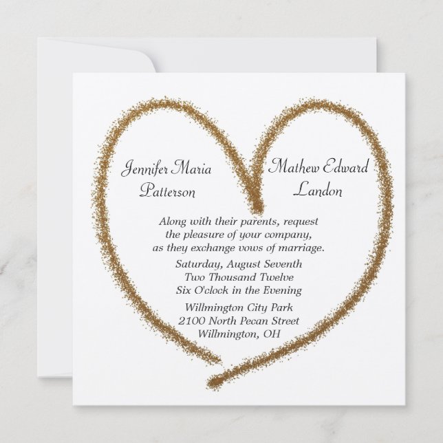 Inbjudan till guld Glitter Heart Wedding (Framsida)