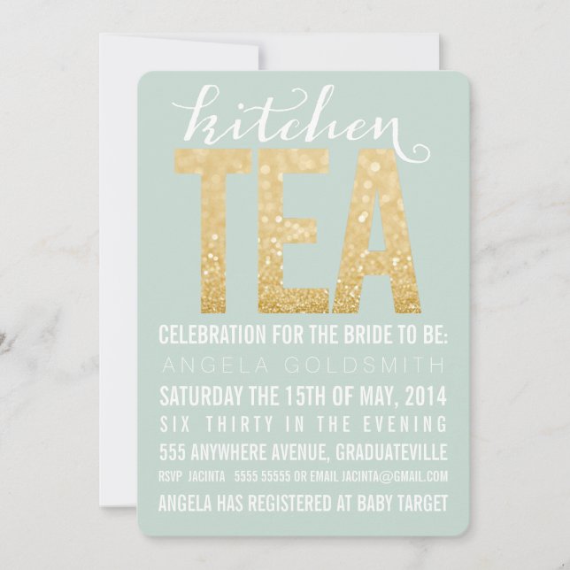 Inbjudan till Guld Glitter Kitchen Tea Shower Part (Framsida)