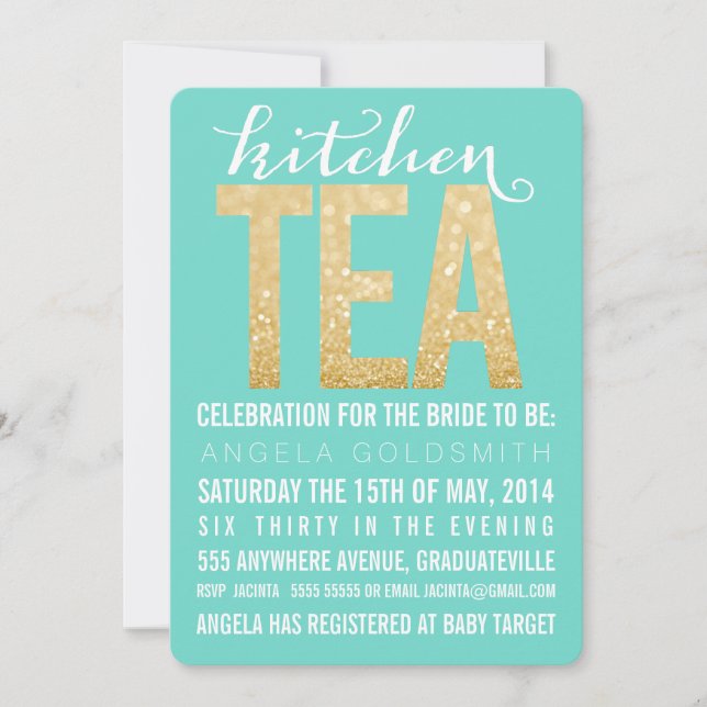 Inbjudan till Guld Glitter Kitchen Tea Shower Part (Framsida)