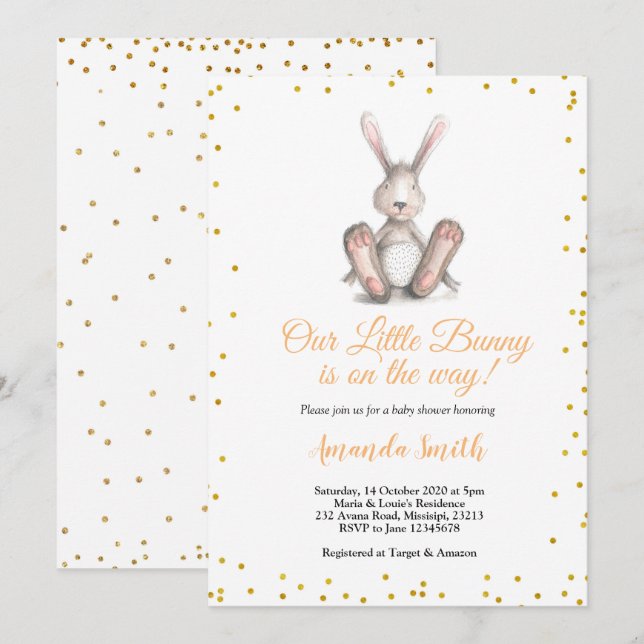 Inbjudan till guld Glitter Little Bunny Baby Showe (Fram/baksida)