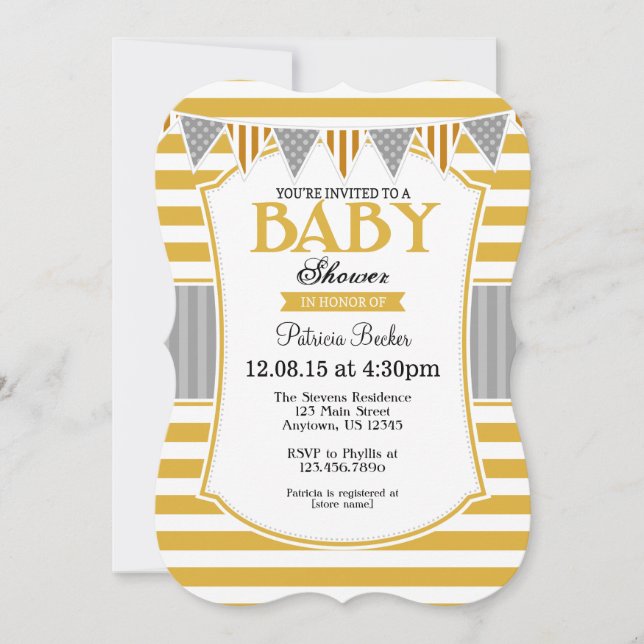 Inbjudan till guld Grått Rand Baby Shower (Framsida)