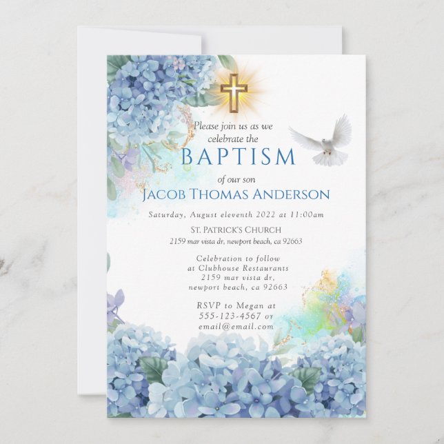 Inbjudan till guld Greenery Eucalyptus Boy Baptism (Framsida)