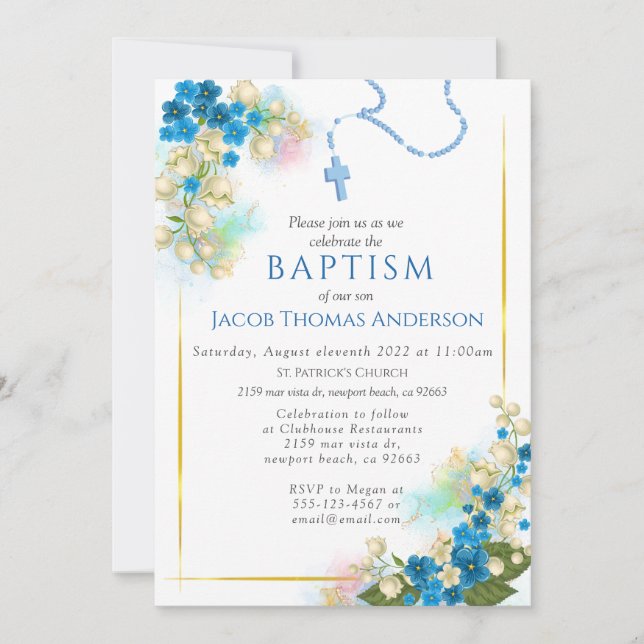 Inbjudan till guld Greenery Eucalyptus Boy Baptism (Framsida)