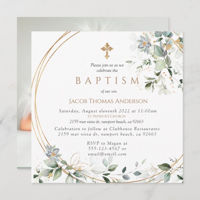 Inbjudan till guld Greenery Eucalyptus Boy Baptism (Fram/baksida)