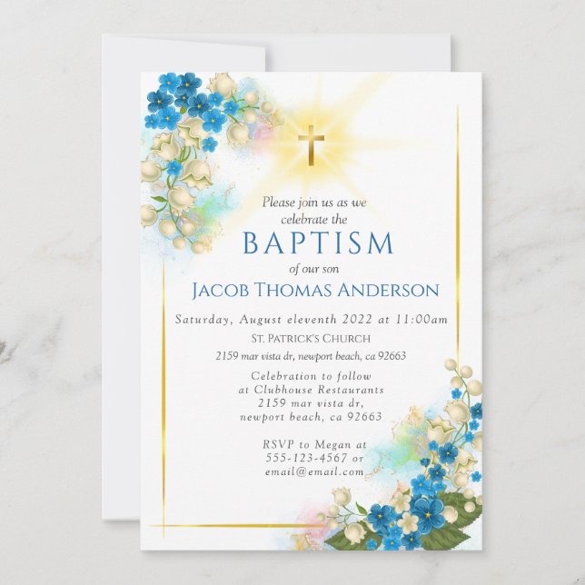 Inbjudan till guld Greenery Eucalyptus Boy Baptism (Framsida)
