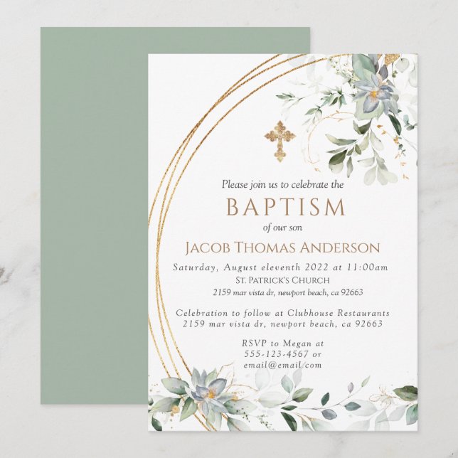 Inbjudan till guld Greenery Eucalyptus Boy Baptism (Fram/baksida)