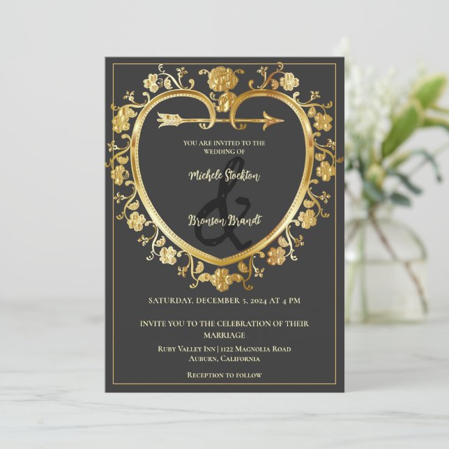 Inbjudan till guld Heart Wedding (Stående Fram)