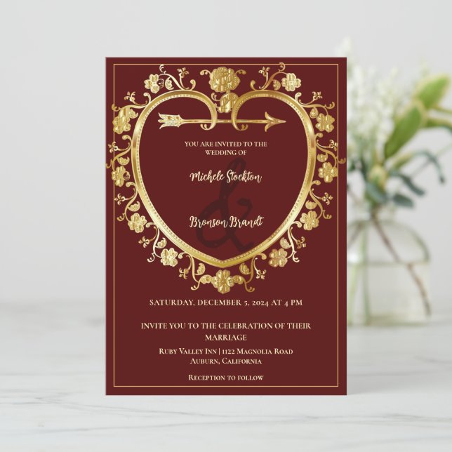 Inbjudan till guld Heart Wedding (Stående Fram)